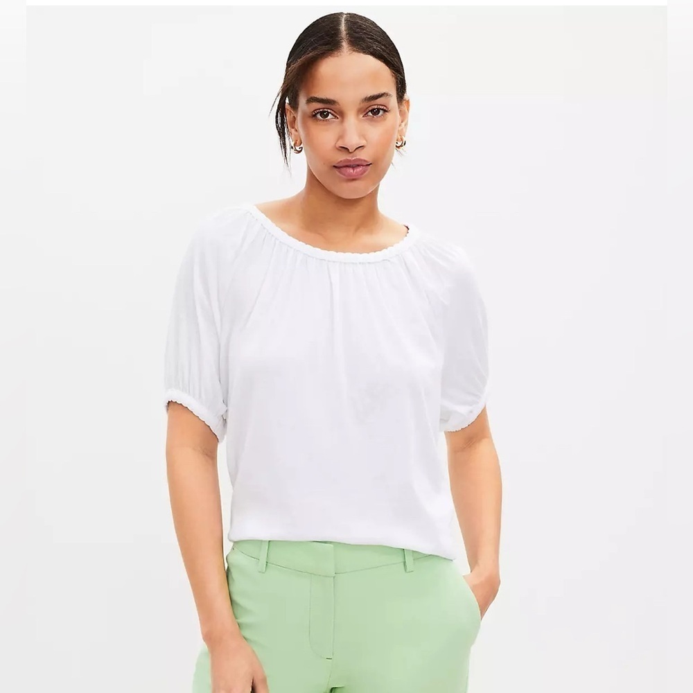 LOFT White Braided Neck Short Sleeve Blouse – Size Large